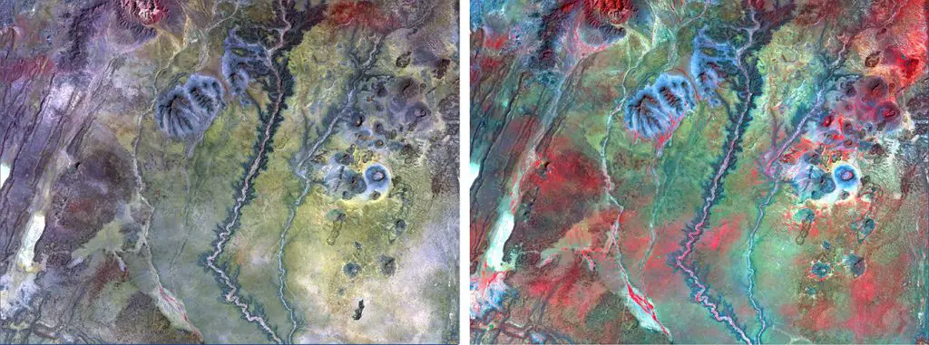 Remote Sensing to Detect Groundwater -Portions of two Landsat Thematic Mapper images of Northern Kenya, which have a spatial resolution of 30m. The first image was collected in January 2011 during very dry (drought) climate conditions; the second image was collected in December 2015 during very wet conditions. The images are near-infrared color composites, so green vegetation shows up in various shades of red and pink. One of the many applications of satellite image data is to detect, map and monitor change, which in this case shows the dry-green cycle of vegetation directly related to drought or wet conditions. Chavez and the team will use this type of information to help identify areas within the study sites where rainfall occurs, which could indicate possible sources of groundwater recharge. Credit: NAU News