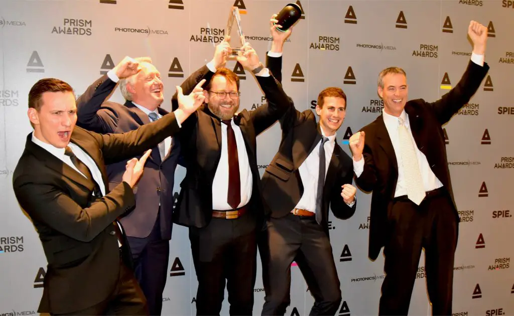 The Leica Geosystems team celebrates at the PRISM Awards for Photonics Innovation in San Francisco, USA, 1 February 2017.