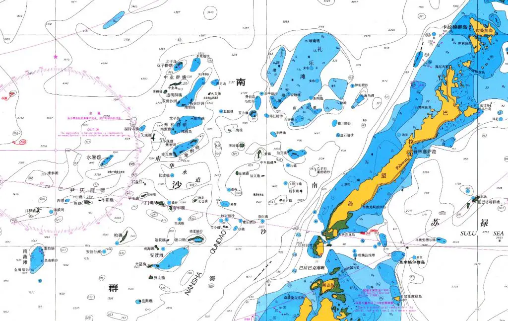 Above: Chinese-produced nautical chart showing Spratly archipelago and Philippine islands of Palawan