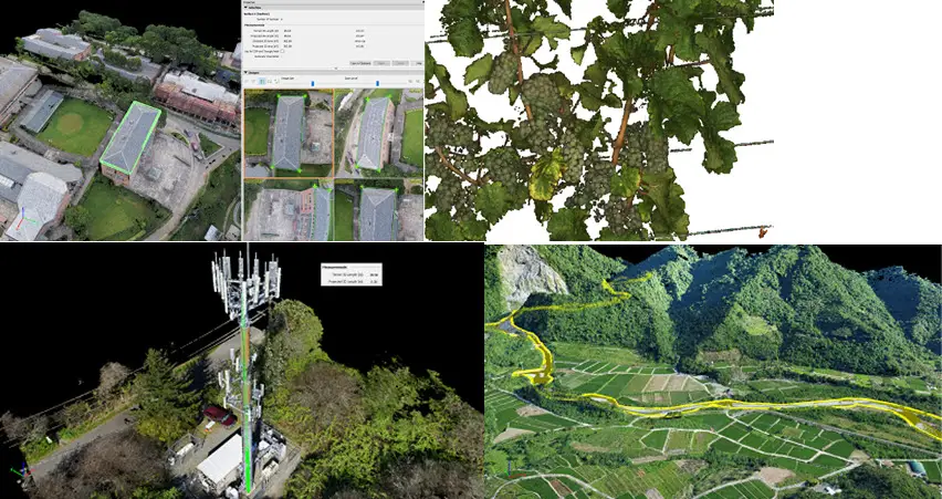 From left to right: vector assessment and generation in rayCloud; accurate and detailed point cloud intersected from multiple images; precise measurements can be done without years of stereo-matching training; digitization of water regions is important for terrain and watershed management