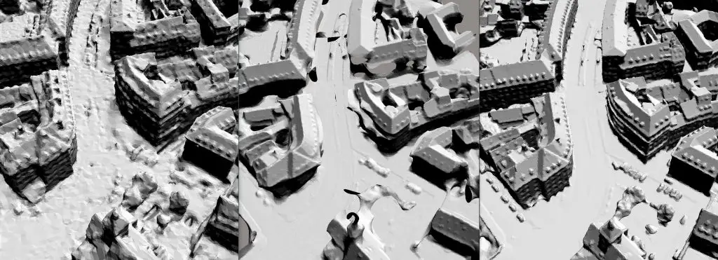 A 3D engineering-ready reality mesh created in ContextCapture comparing (left to right) photogrammetry, LiDAR, and a hybrid input. (Image courtesy of Bentley Systems and City of Strasbourg)