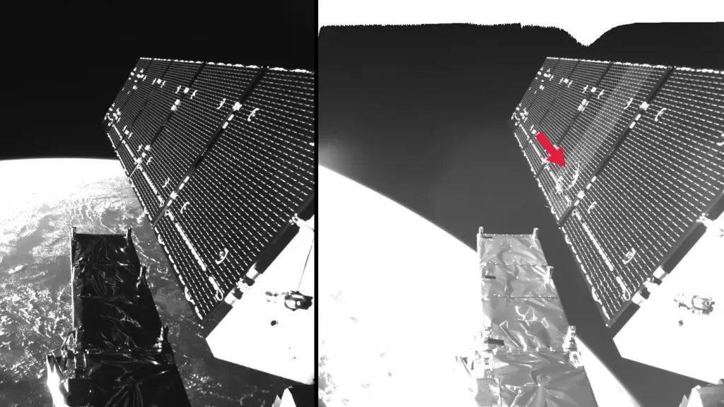 Impact of space debris particle on the solar panel of the Sentinel 1-A Earth Observation satellite