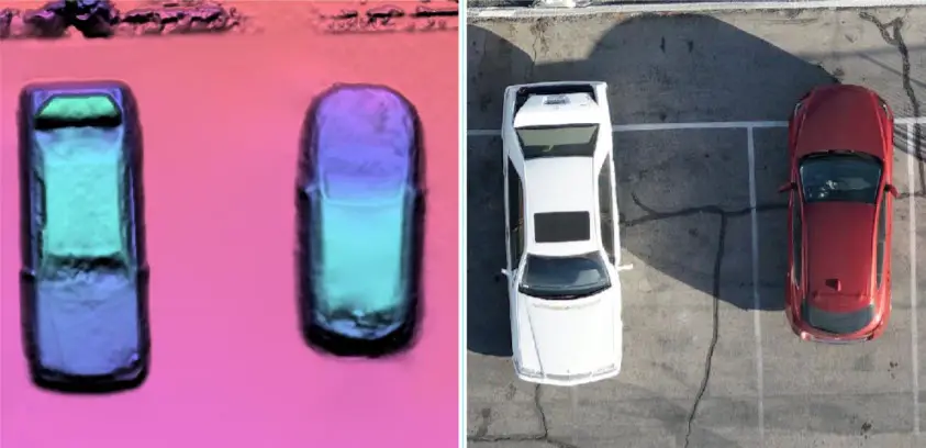 Wingtra UAV image (2 cms GSD) – 1:1 DSM (left) and DSM True Ortho product (right)