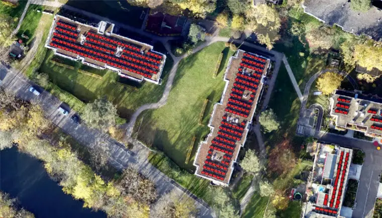 Wingtra UAV image (2 cm GSD) - automated extraction of roof solar panels (red)- Object Analyst workflow, Batch Processing