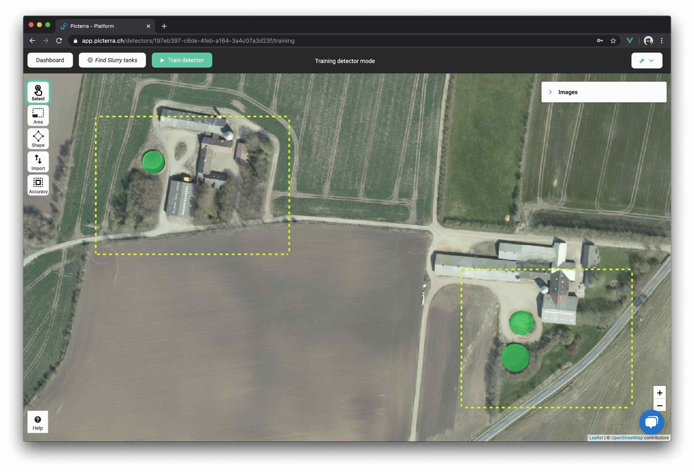 Example of training areas (yellow rectangles) with annotated slurry tanks (green circle).