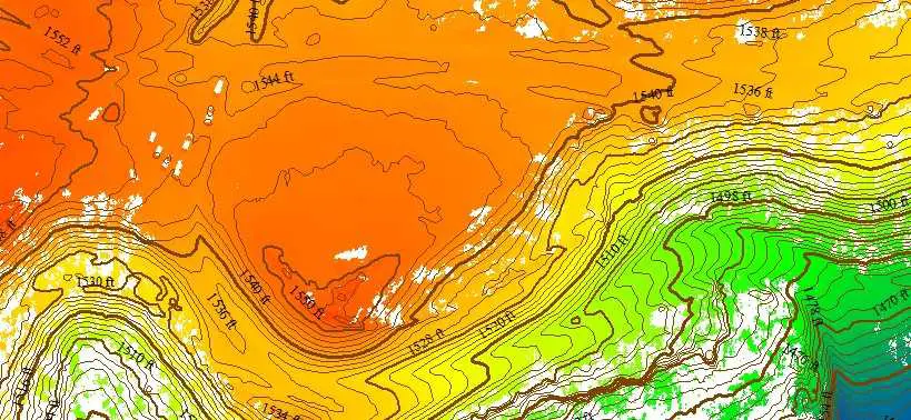 RedTail Lidar -RTL-400 generated digital terrain model (DTM) overlaid with contour map.