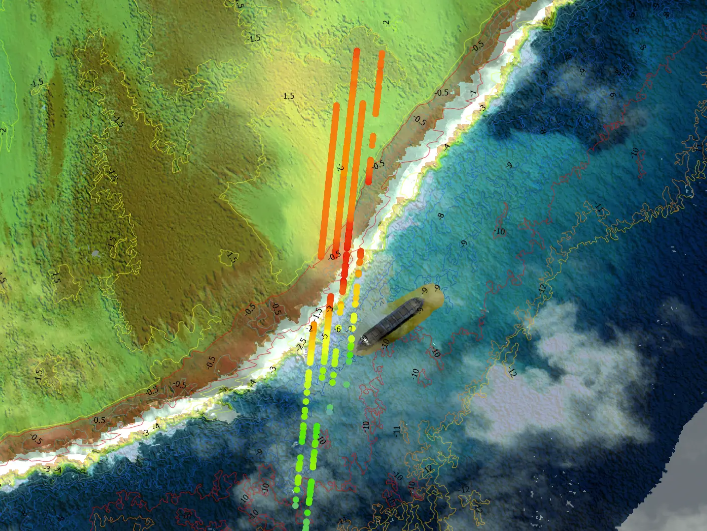 TCarta 2m Satellite Derived Bathymetric,Mapping, data and ICESat-2 tracks overlaid on Maxar WorldView satellite image showing the WV Wakashio wreck near Mauritius. (Image Credit: Maxar Technologies)