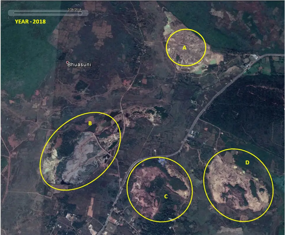 Figure 2. Google Earth imagery of year 2018, showing decrease in forest cover mapping